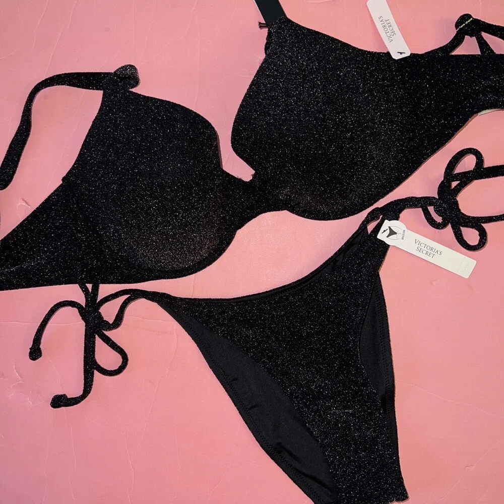 Victoria's Secret 34DD BIKINI M side-tie bottom BLACK brown gold SHIMMER